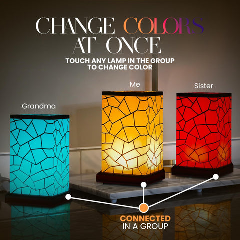 Phone screen shows the Friendship Lamp app allowing color and brightness customization.