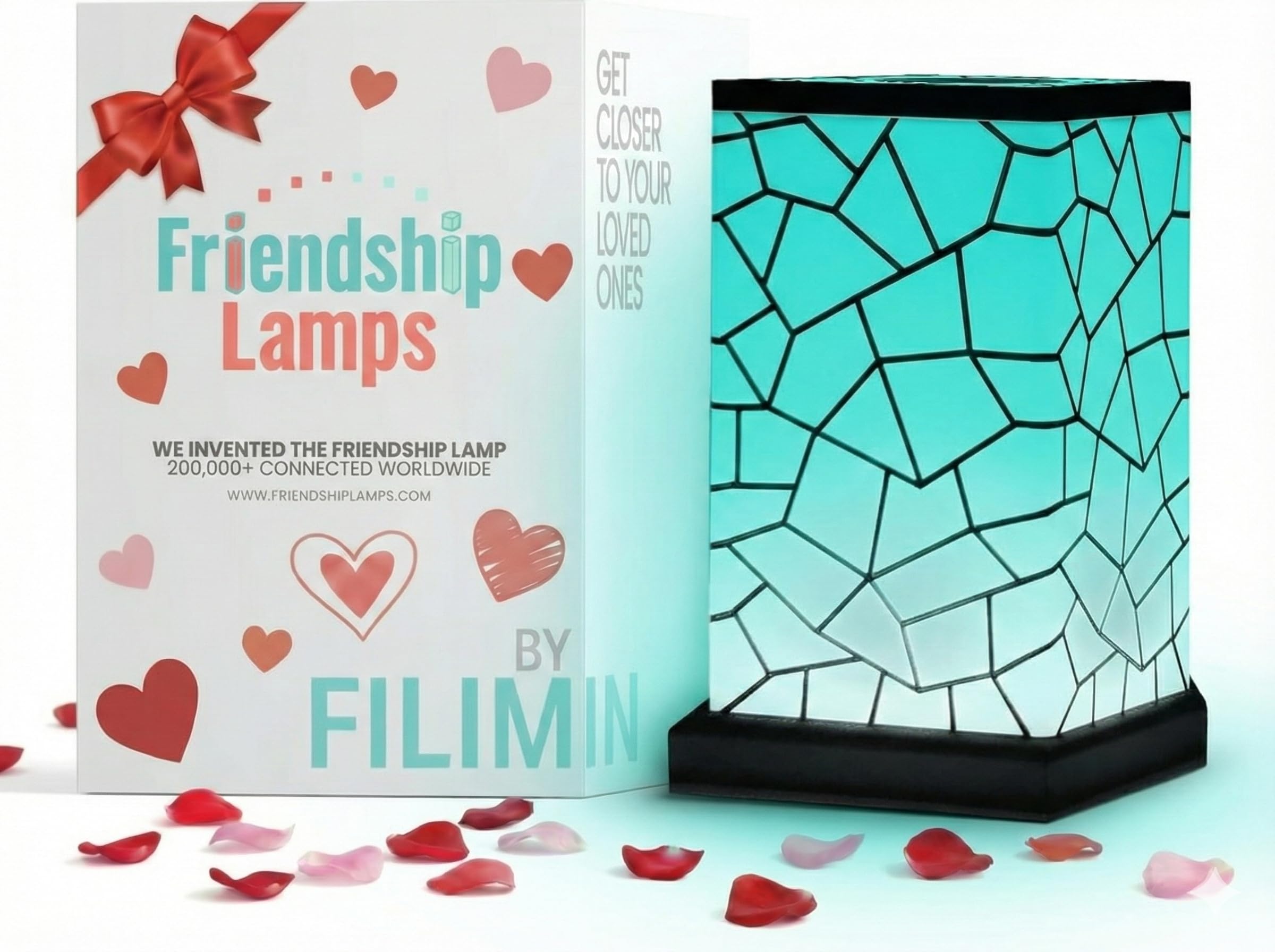 Friendship Lamp by Filimin Classic lights softly in a living room, enhancing long distance connection aesthetics.