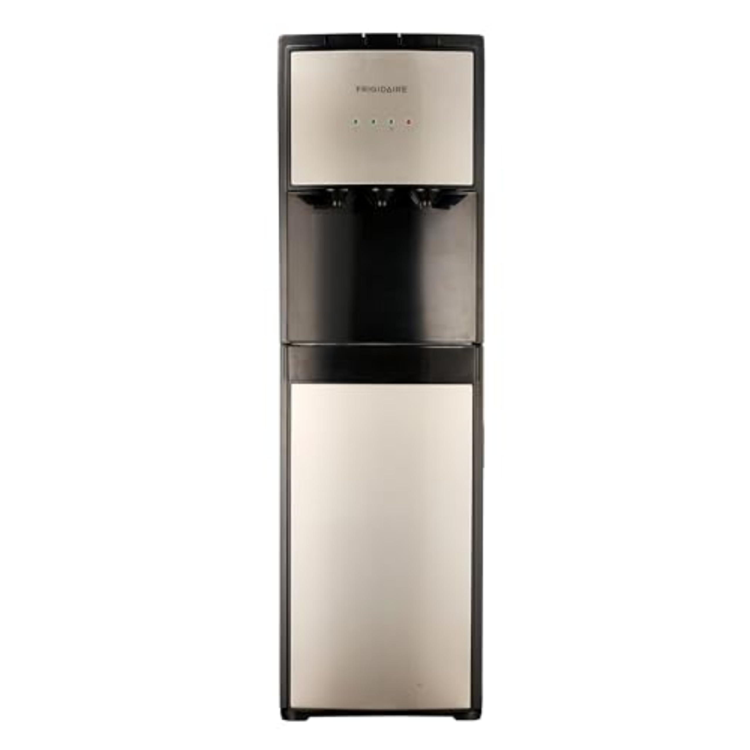 Frigidaire water dispenser in stainless steel with hot and cold options for hydration.