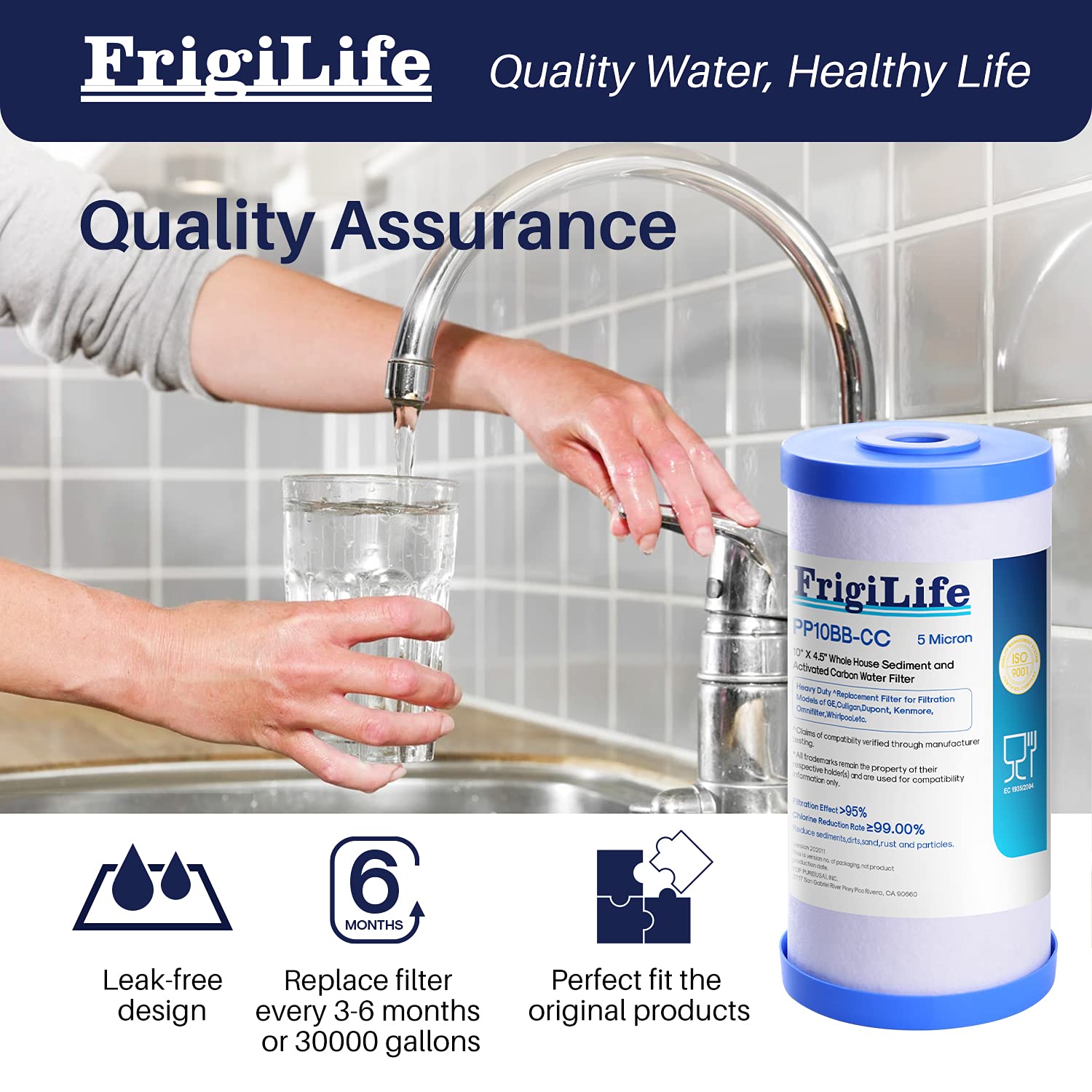 FrigiLife filter graphic indicates up to 30,000 gallons service life.