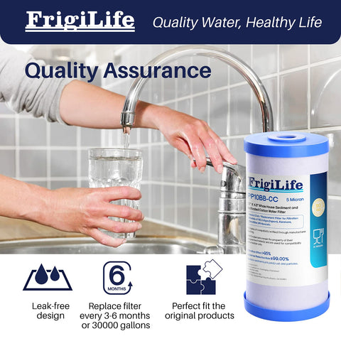 FrigiLife filter graphic indicates up to 30,000 gallons service life.