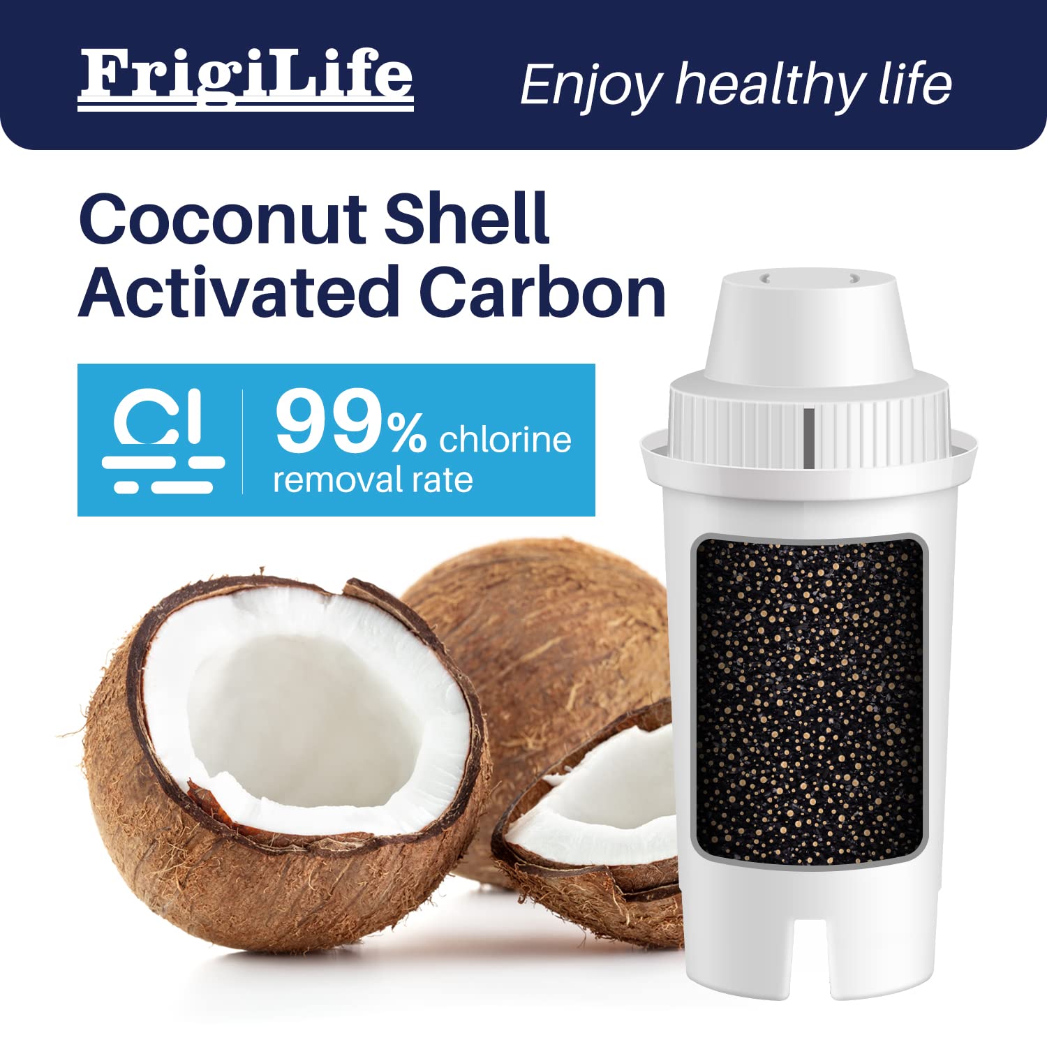 FrigiLife activated carbon detail highlights filtration quality for taste and odor reduction