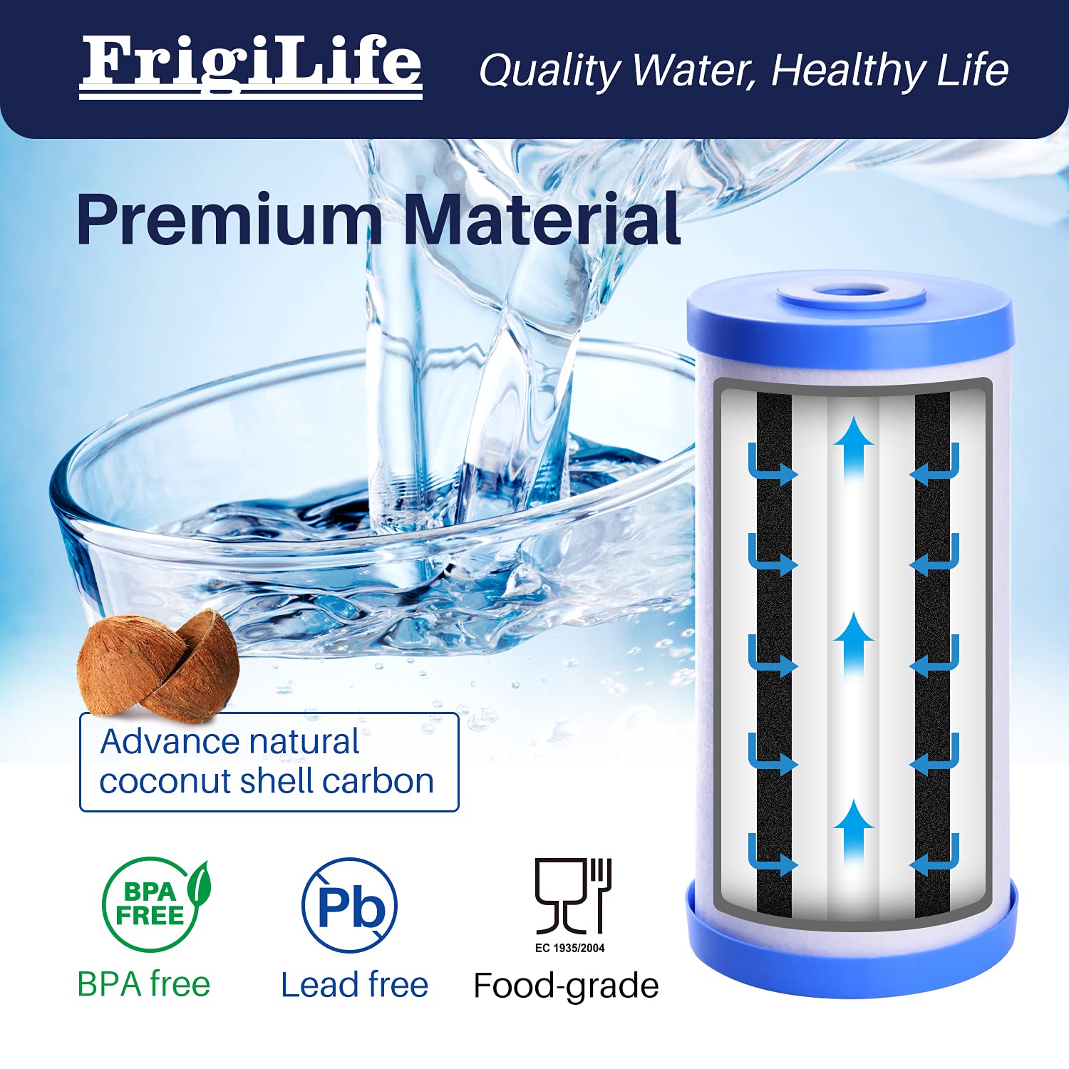 FrigiLife compatible-models label indicates broad home filtration compatibility.