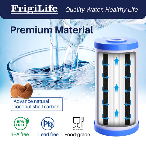 FrigiLife compatible-models label indicates broad home filtration compatibility.
