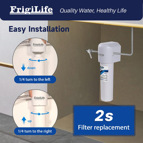 Water flow visualization after FrigiLife filter replacement demonstrating strong throughput.