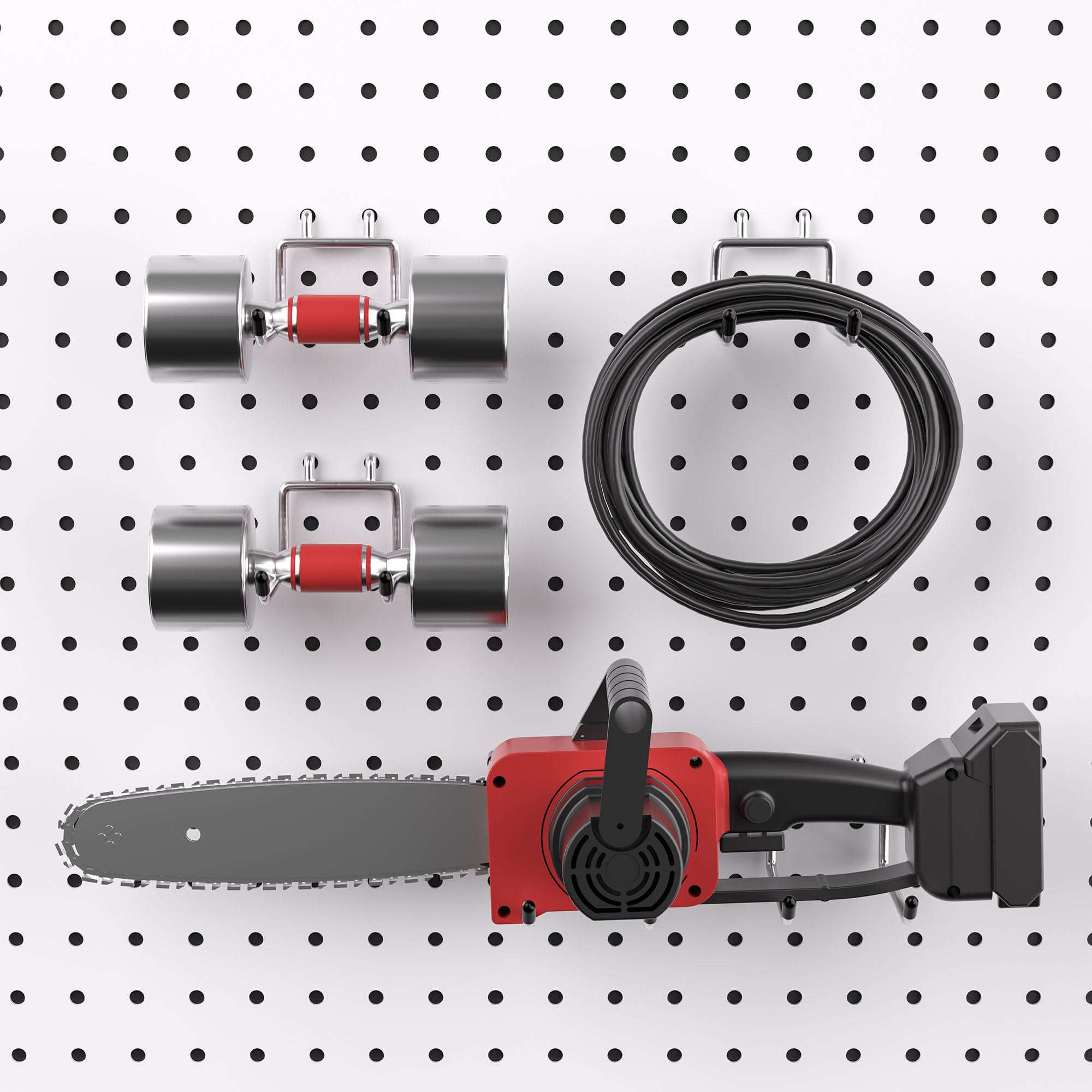 Garage setup showing FRIMOONY pegboard hooks for hoses