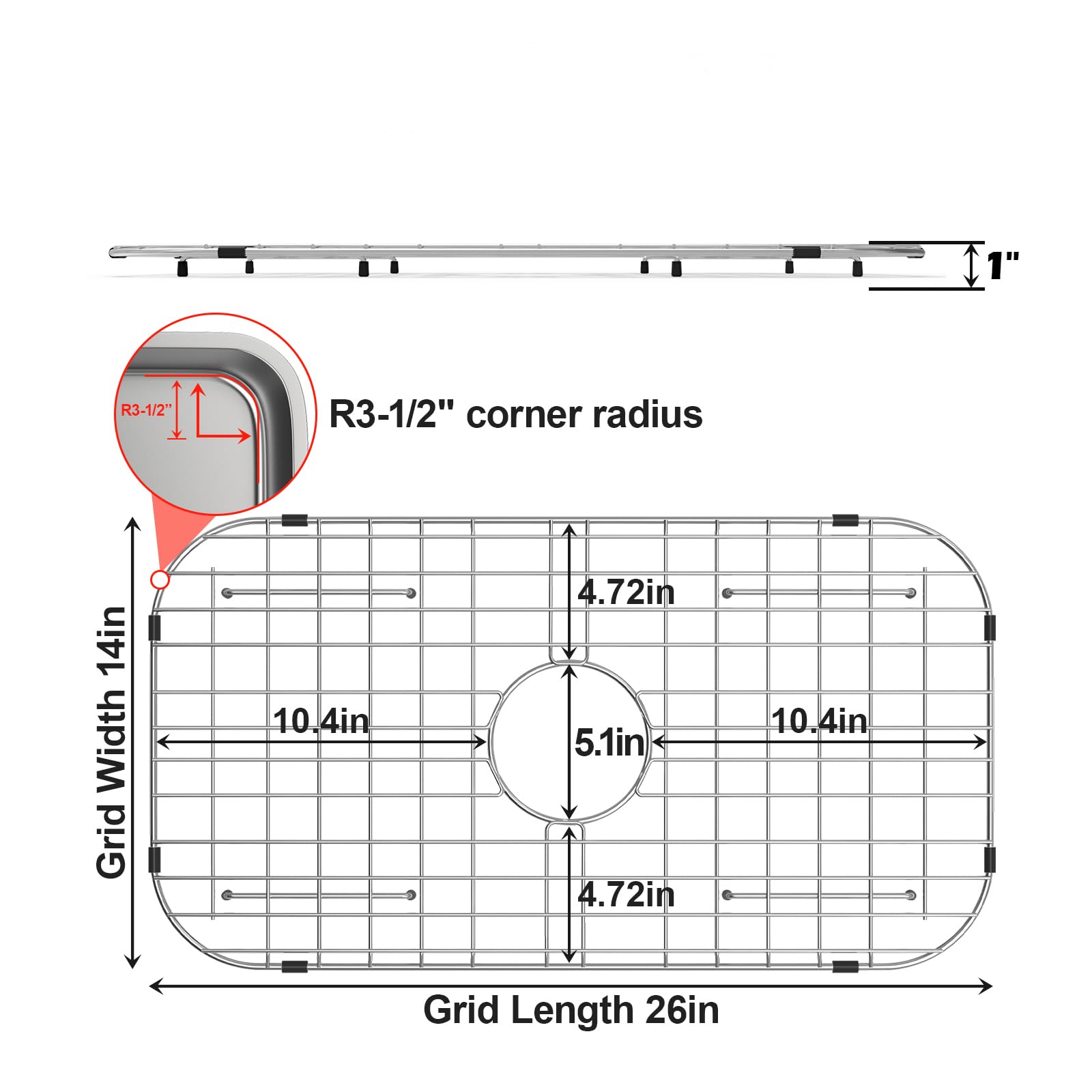 Fritoing centered-drain grid closeup highlights durable stainless steel construction.