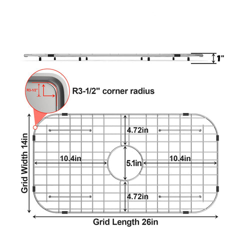 Fritoing centered-drain grid closeup highlights durable stainless steel construction.