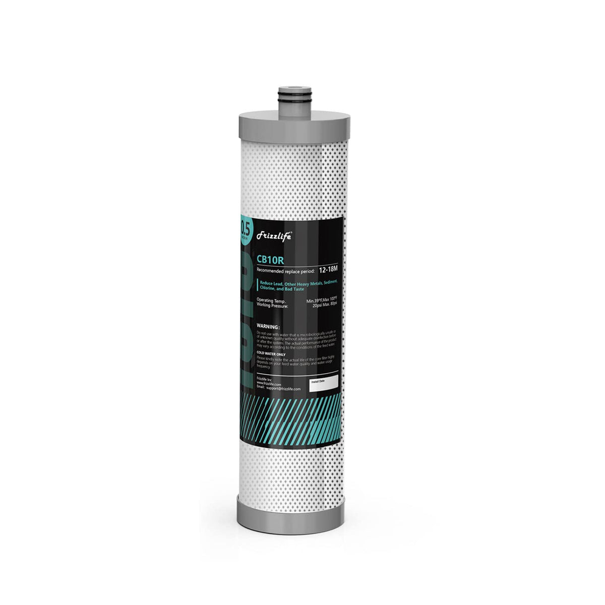 Frizzlife CB10R cartridge close-up showing 0.5 micron filtration for cleaner water