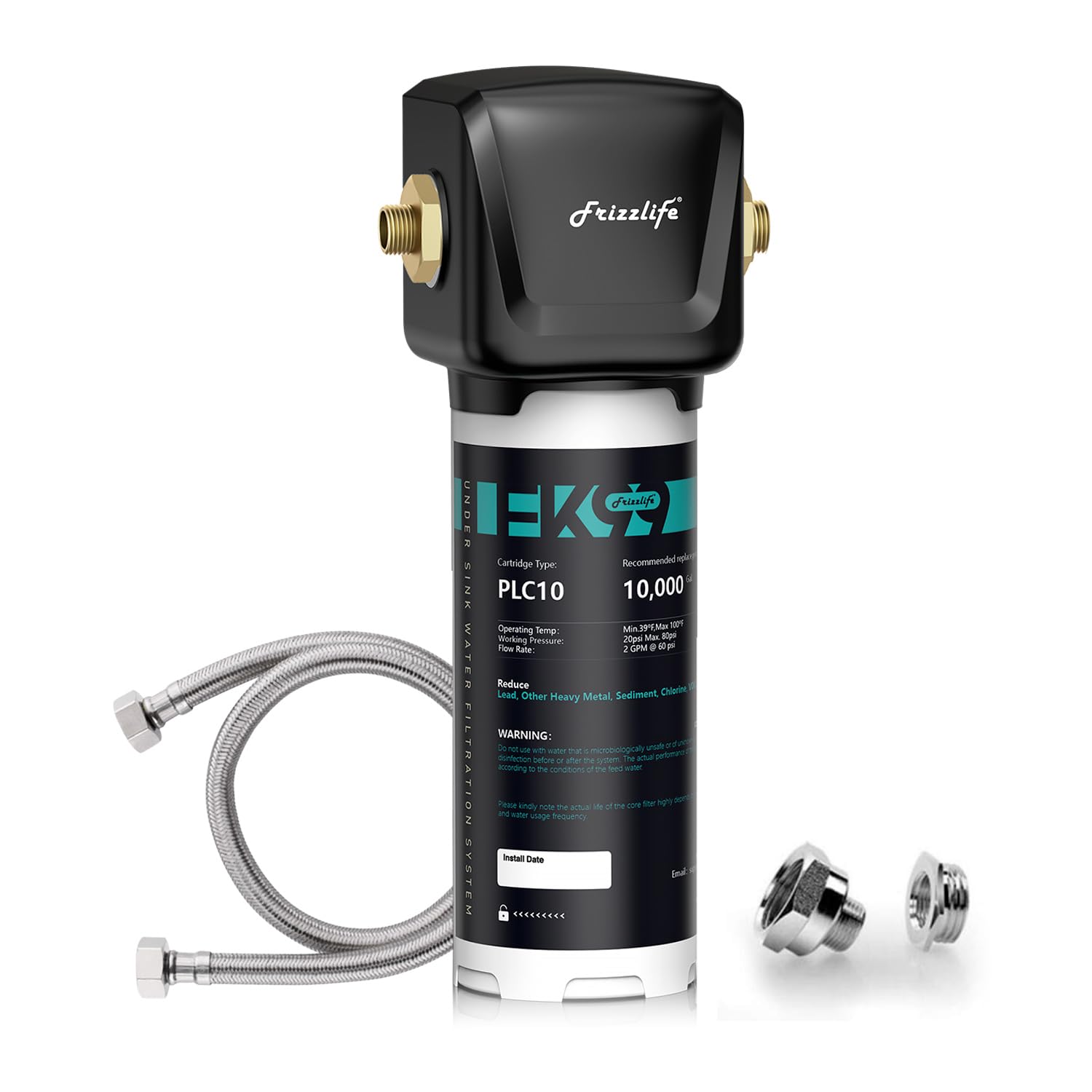 Frizzlife FK99 under-sink filter head with brass fittings for reliable, tool-free installation.