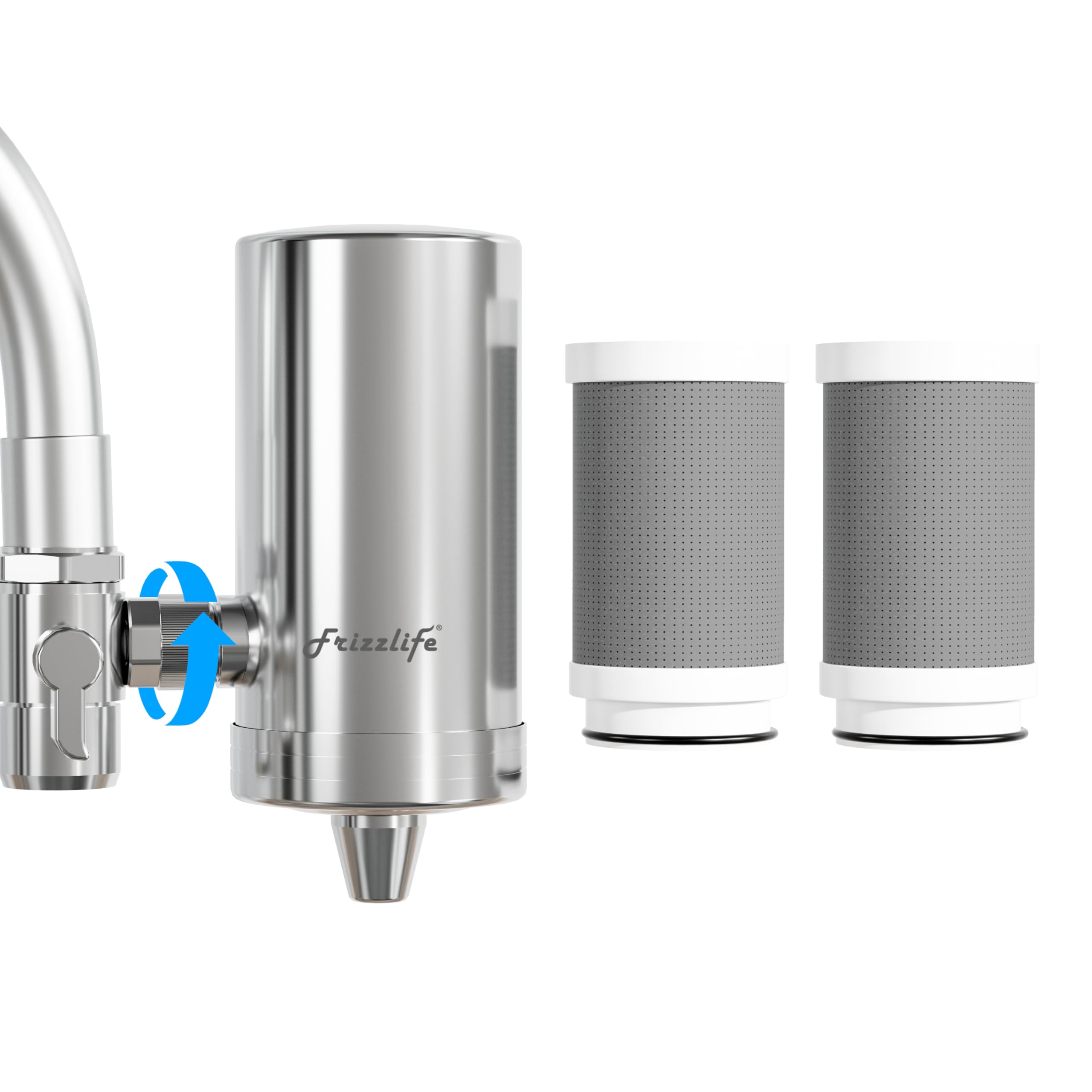 FRIZZLIFE FS99 filter assembly demonstrates universal faucet fit and easy setup