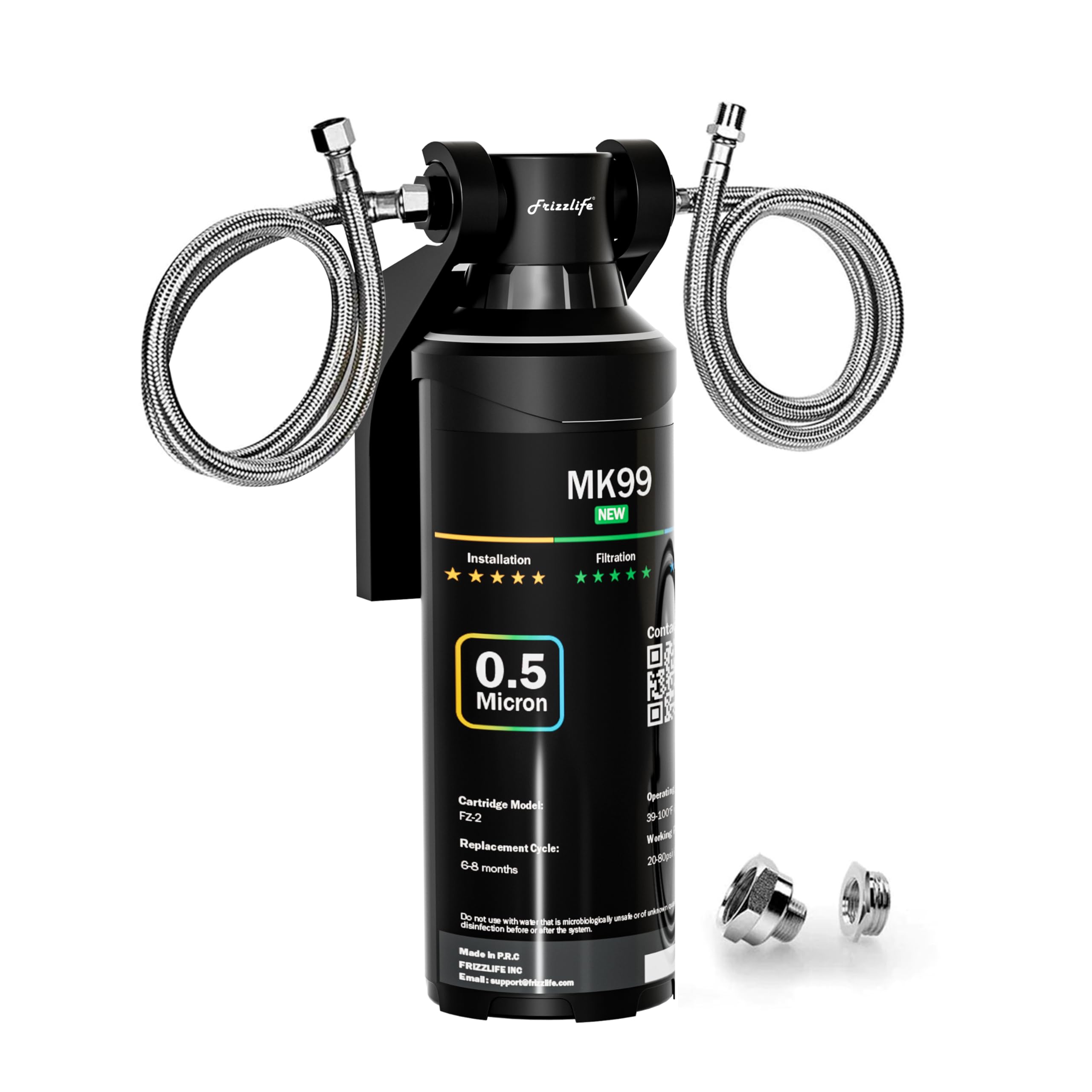 FRIZZLIFE MK99 under-sink system showing compact filtration setup for clean tap water