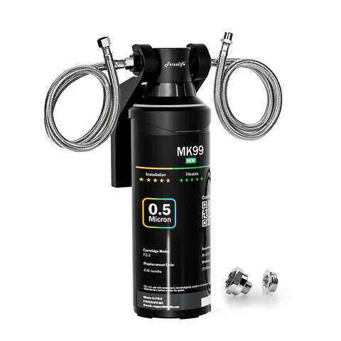 FRIZZLIFE MK99 under-sink system showing compact filtration setup for clean tap water