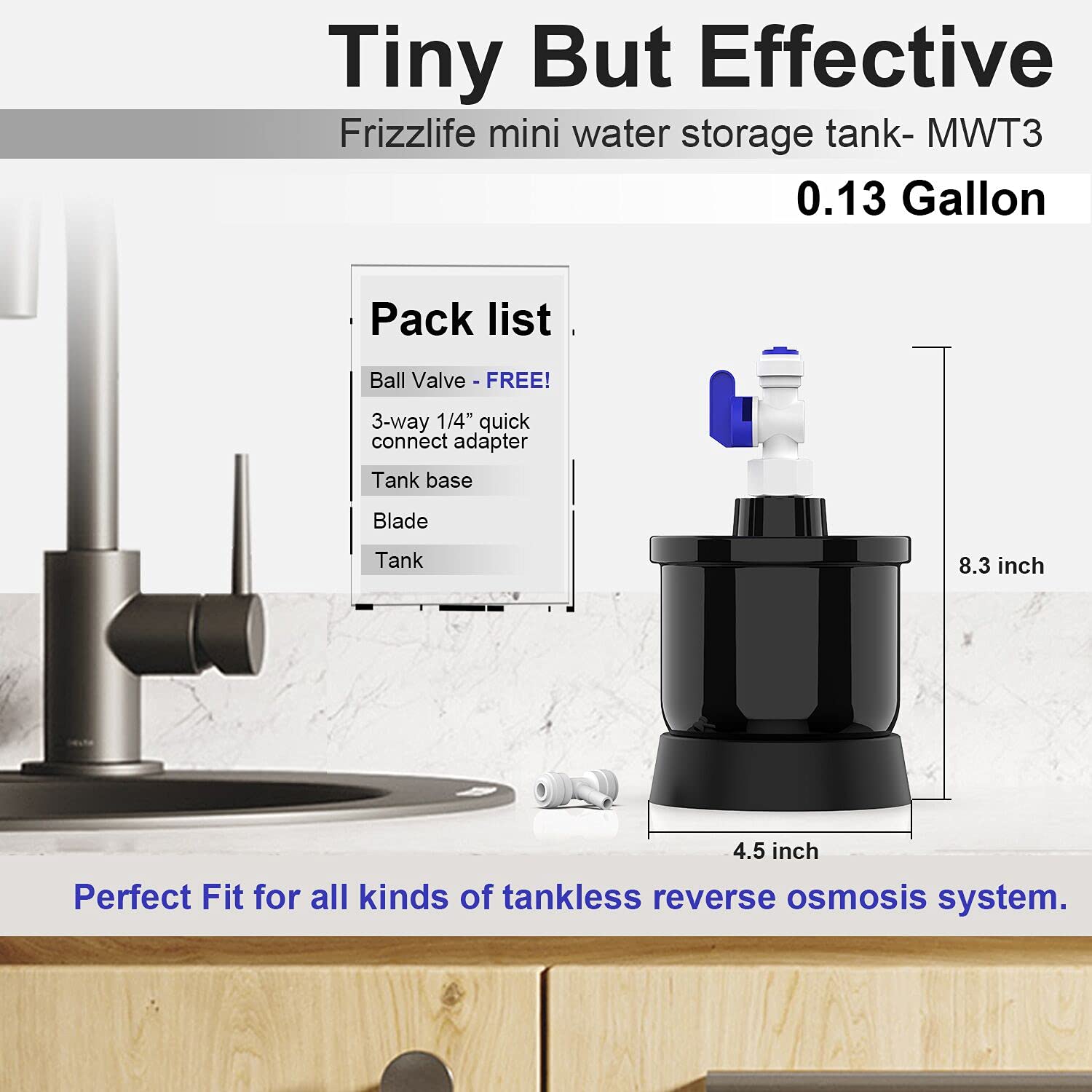 Frizzlife MWT3 installation detail shows 1/4 inch quick-connect for easy setup