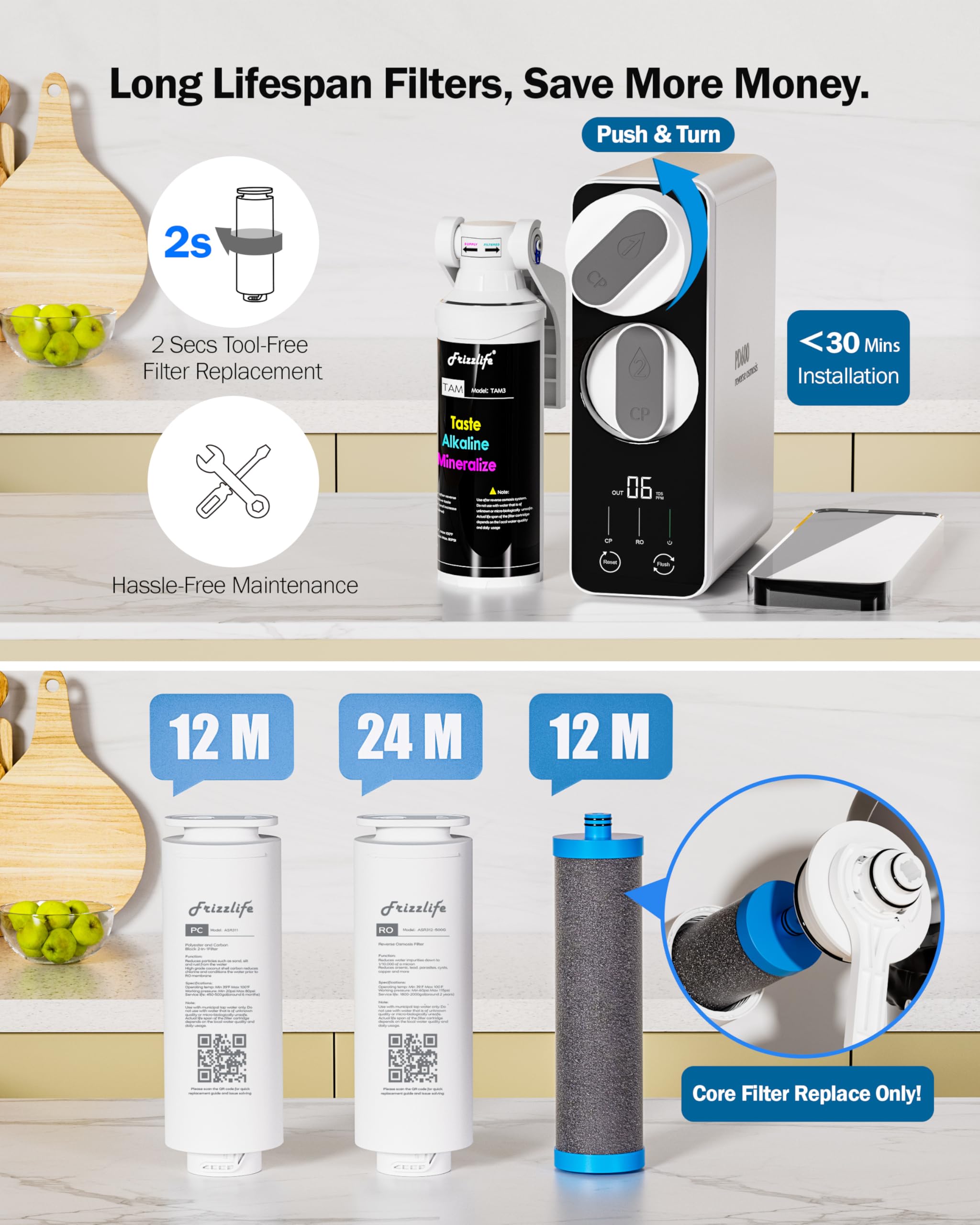 Frizzlife PD600 remineralization stage adding minerals for balanced taste