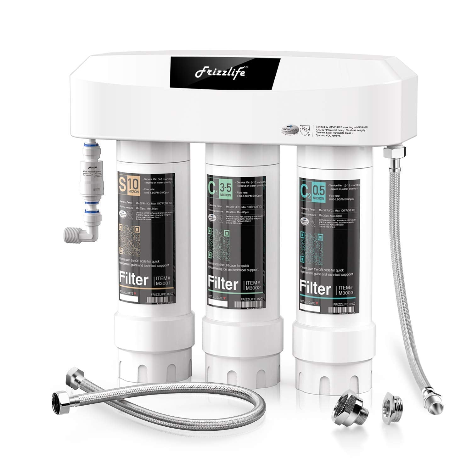 Frizzlife SK99 under-sink system front view for compact kitchen installation