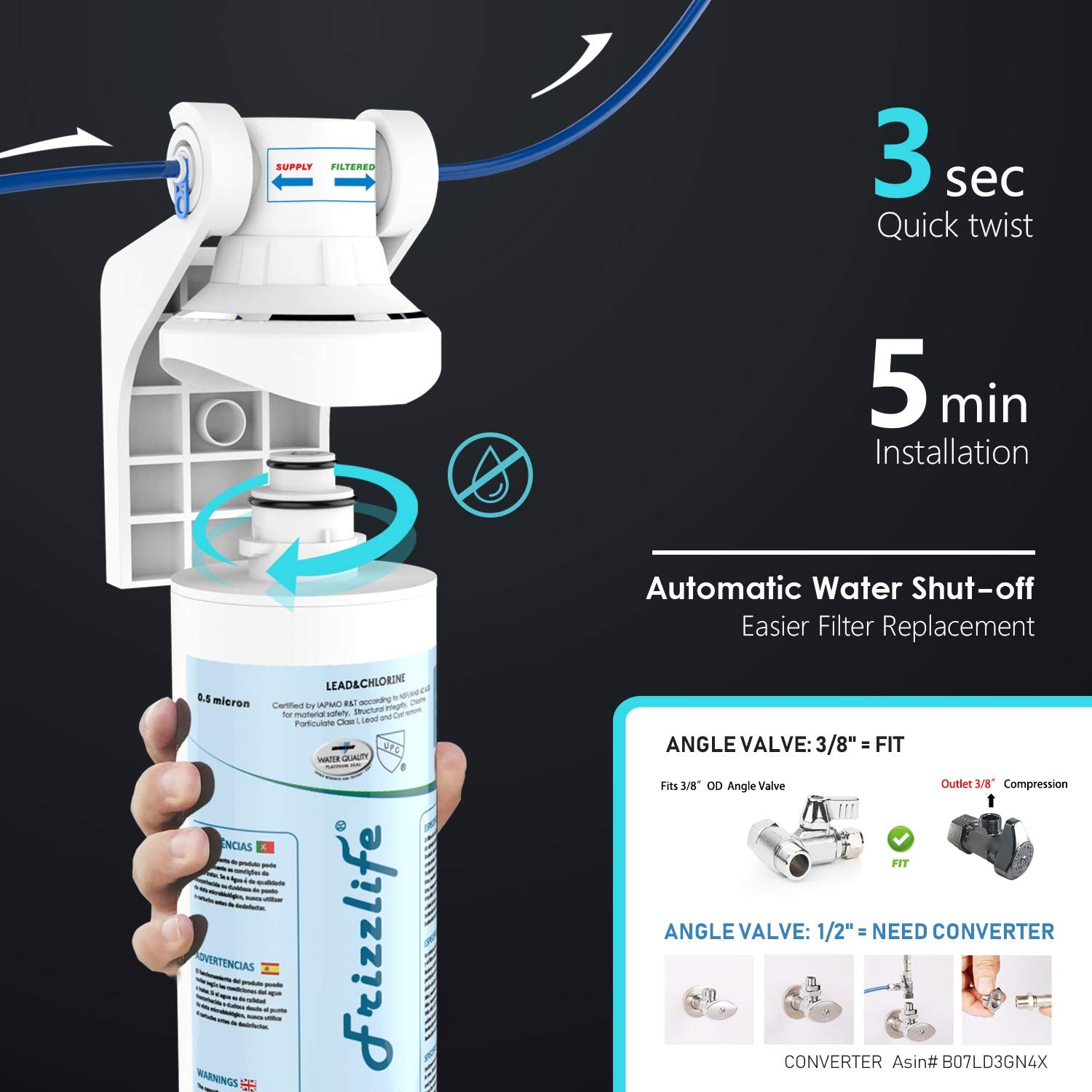 Frizzlife twist-in filter cap with built-in shut-off valve for easy replacement