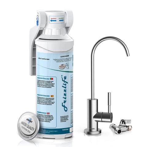Frizzlife under-sink water filter system installed in kitchen for clean-tasting tap water