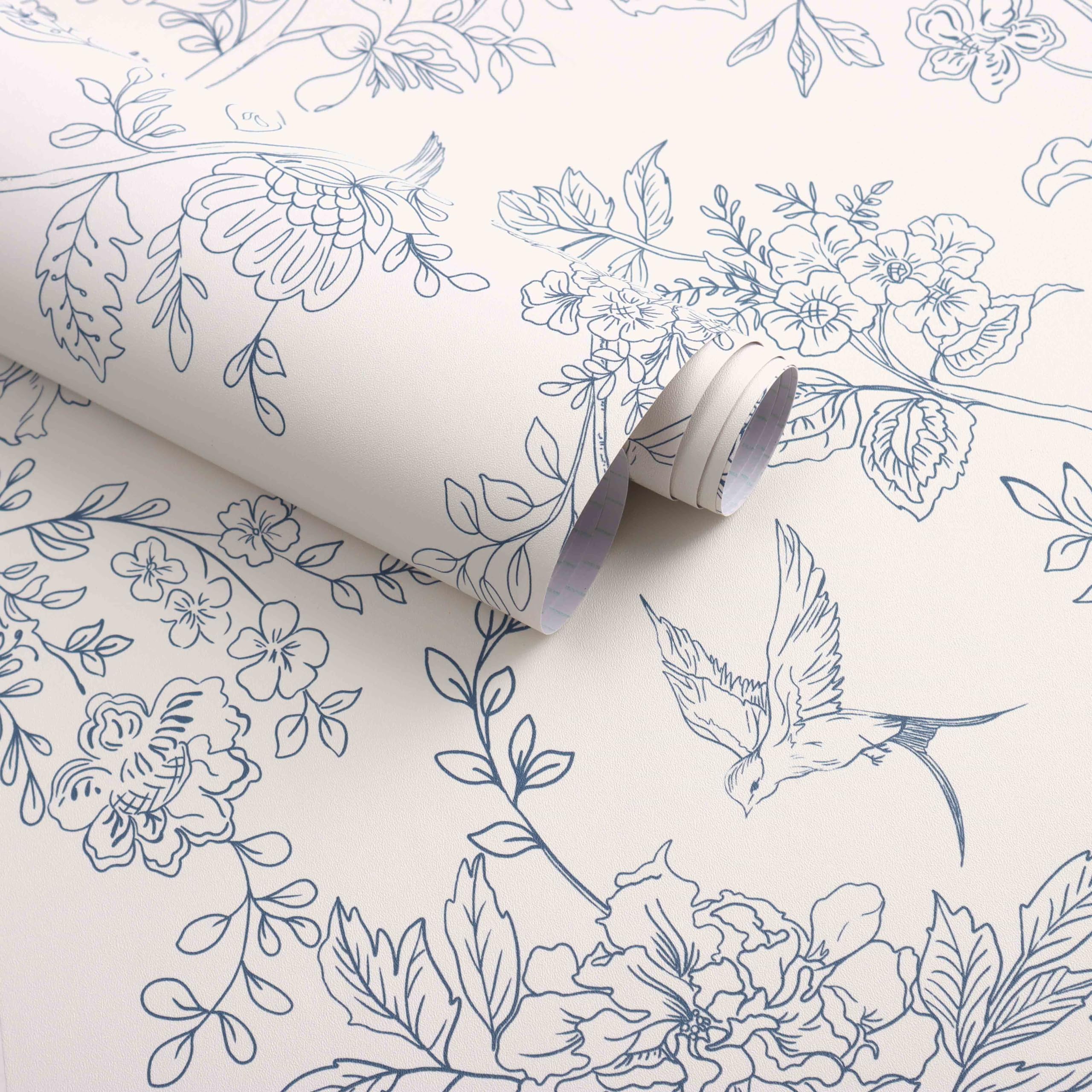 Froluya wallpaper: cream-white blue floral panel with vintage blossoms