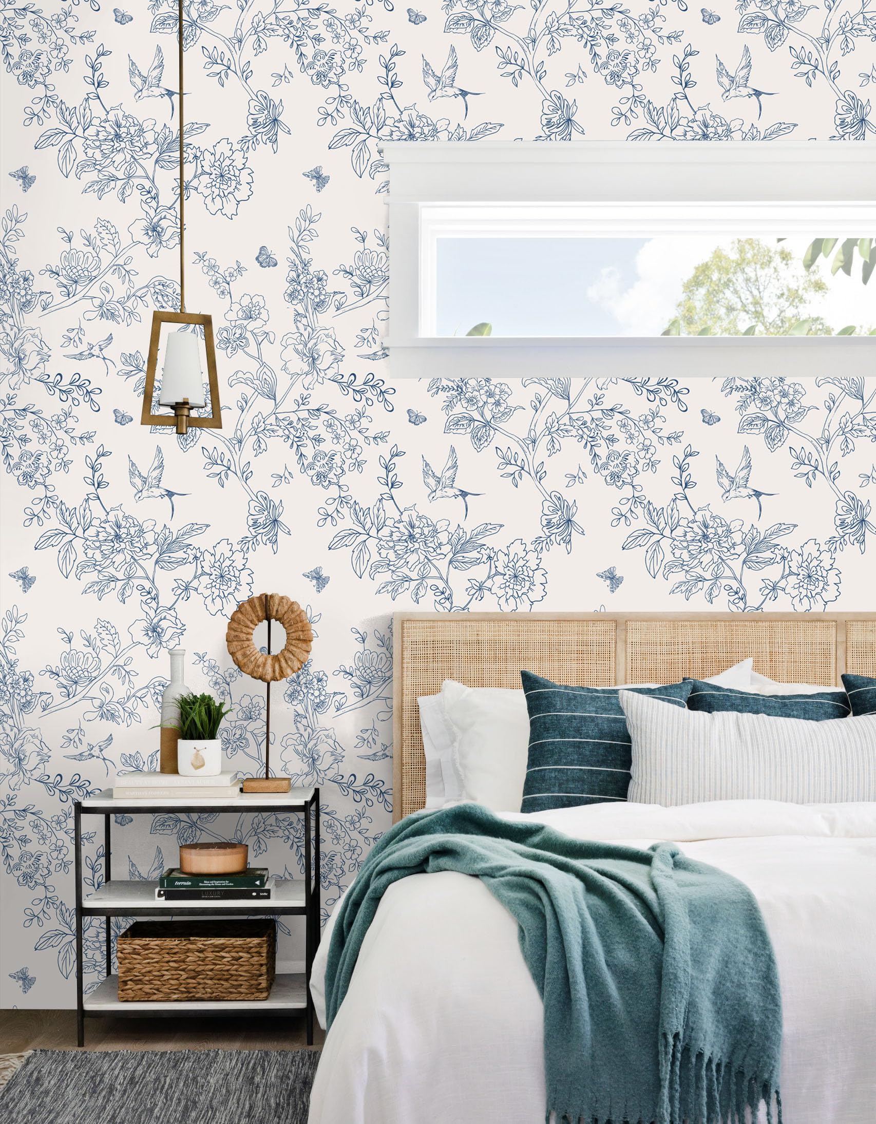 Froluya peel-and-stick wallpaper mounted on smooth wall in cozy bedroom