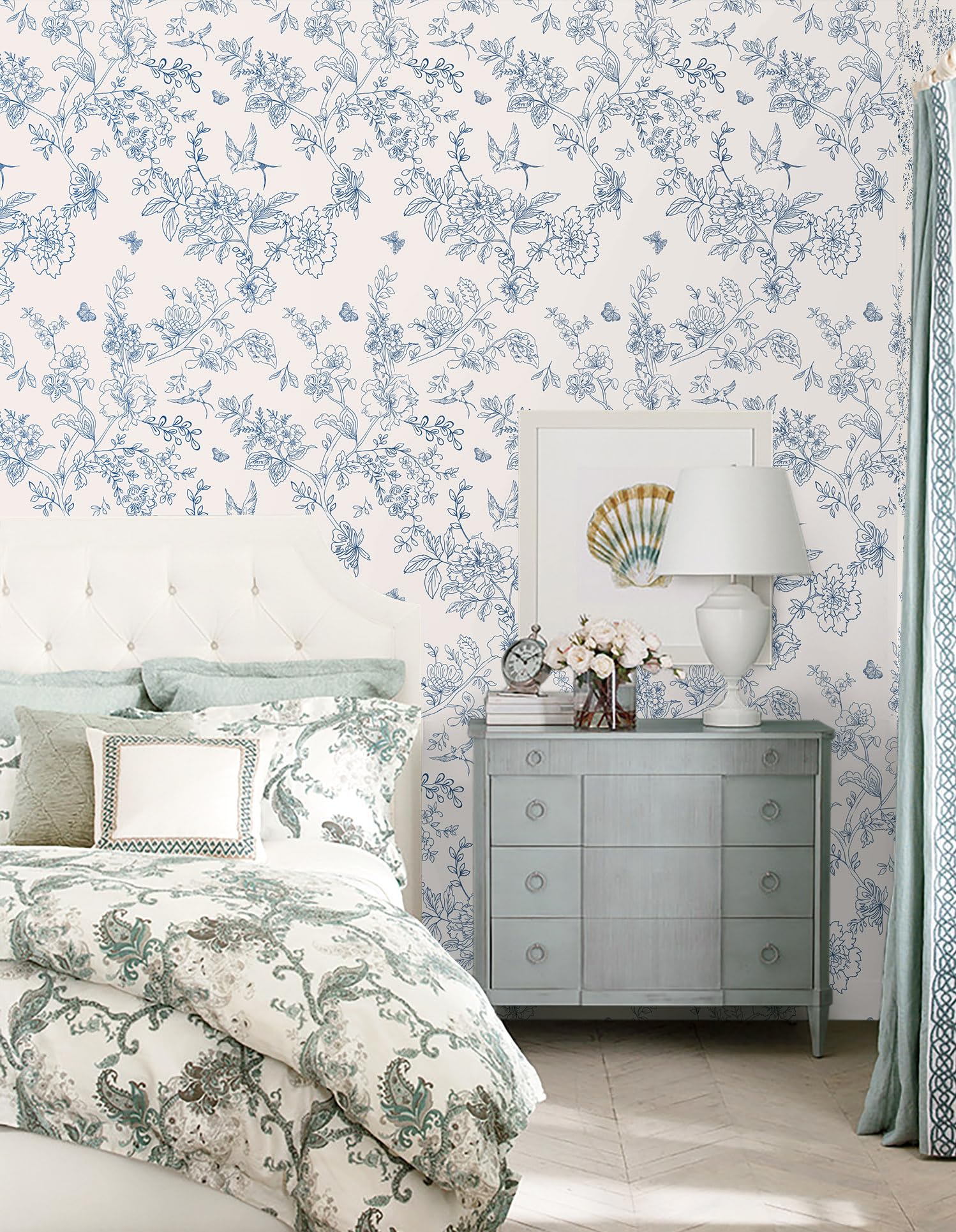 Froluya floral wallpaper mockup on accent wall above desk