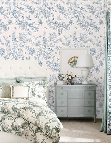 Froluya floral wallpaper mockup on accent wall above desk