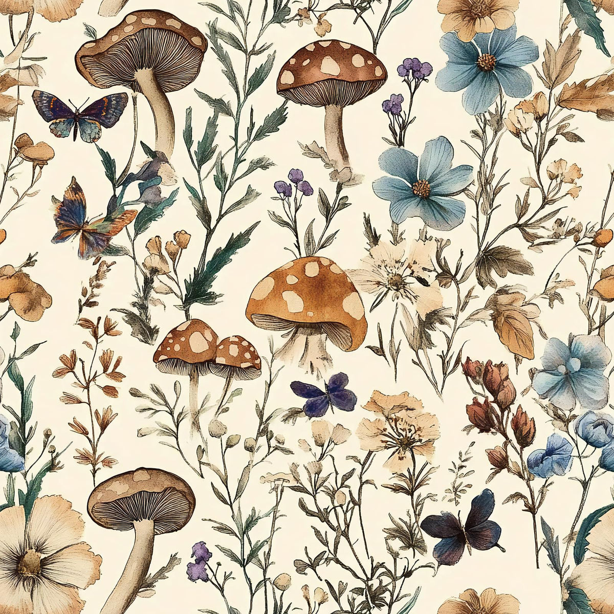 Froluya mushroom wallpaper with vintage beige florals; easy peel-and-stick decor.