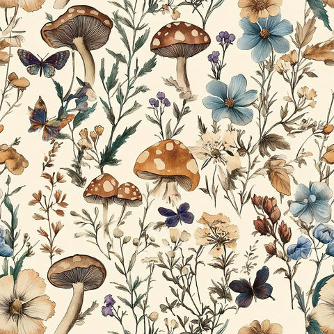 Froluya mushroom wallpaper with vintage beige florals; easy peel-and-stick decor.