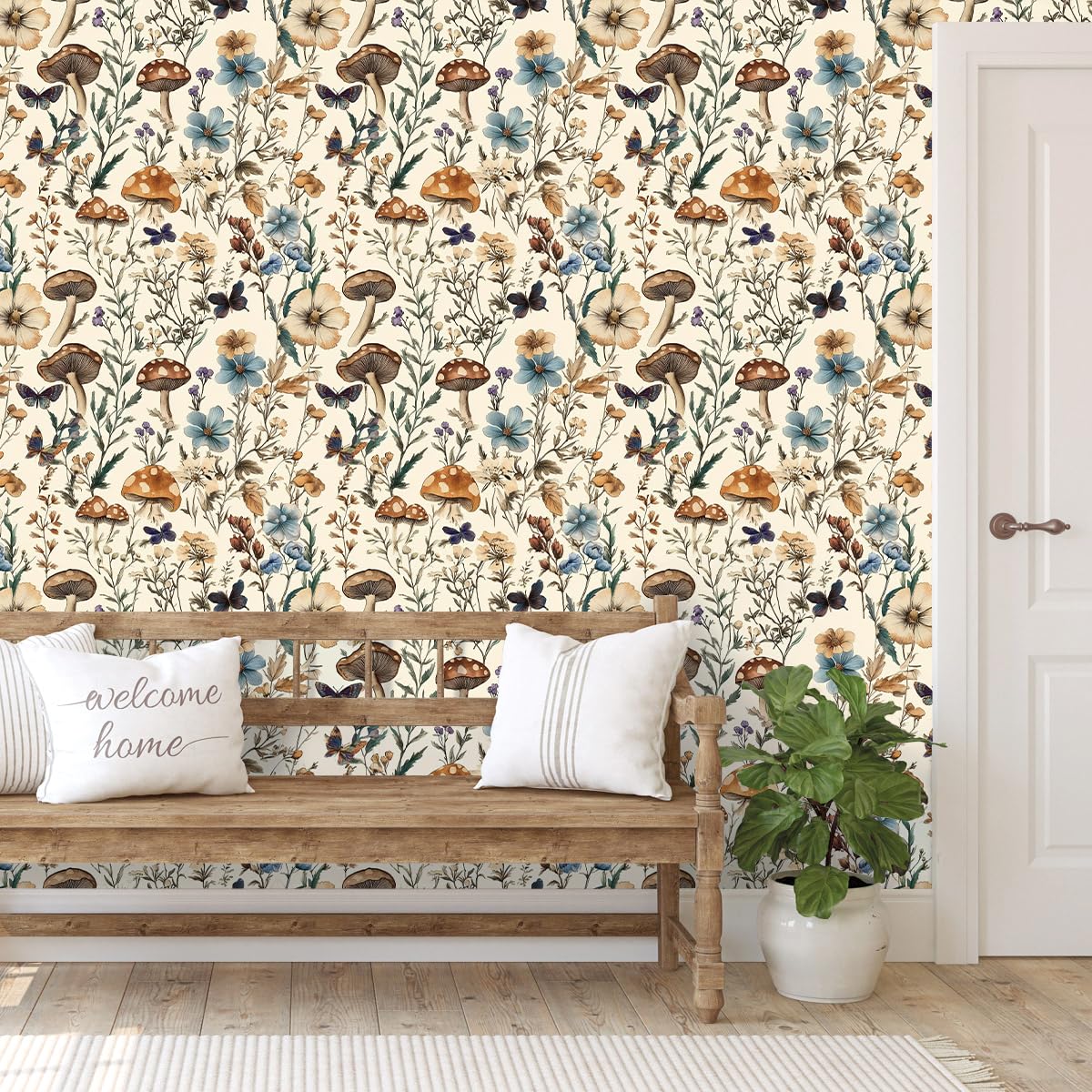 Froluya floral wallpaper on beige background with green leaves enhances interior walls.