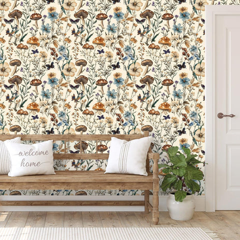 Froluya floral wallpaper on beige background with green leaves enhances interior walls.