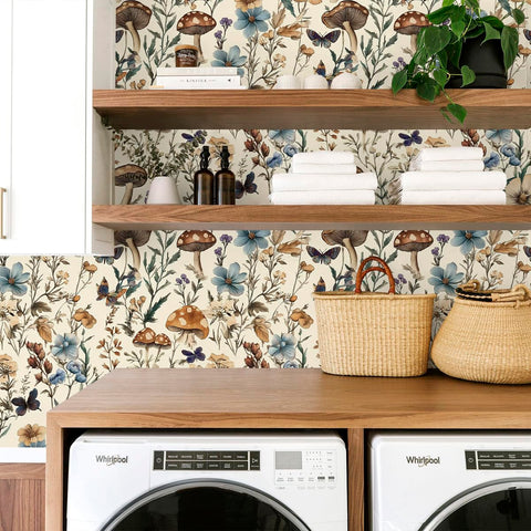 Froluya forest-mushroom pattern wallpaper with detailed illustration for cozy spaces.