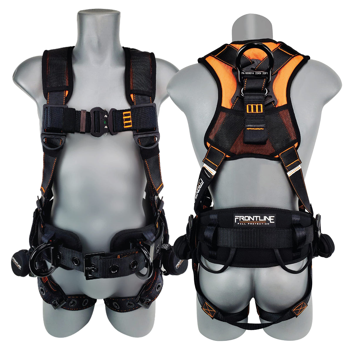 Frontline 110CTB Combat Lite harness with aluminum back web loop for SRL setup and rescue options.