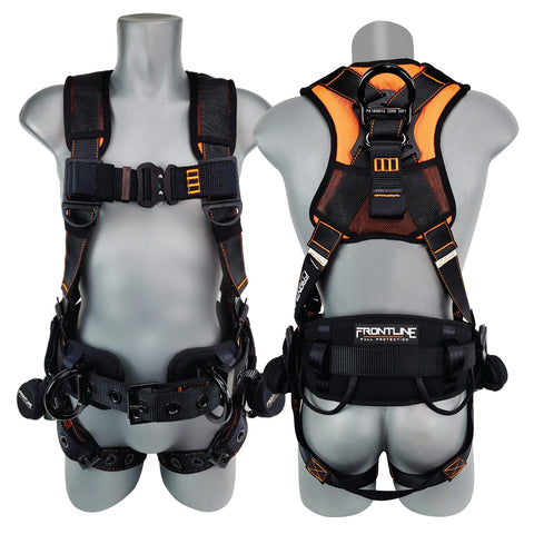 Frontline 110CTB Combat Lite harness with aluminum back web loop for SRL setup and rescue options.