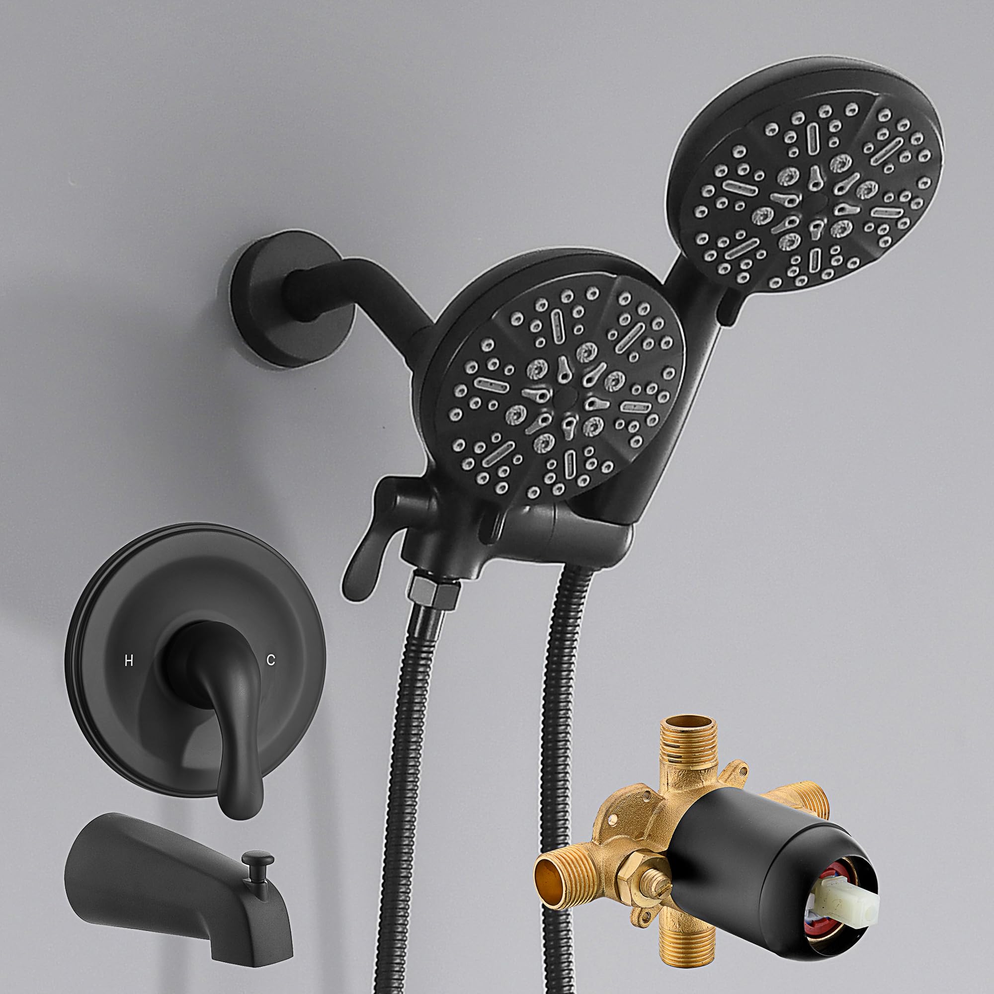 FROPO black overhead shower head for a spa-like rainfall experience.