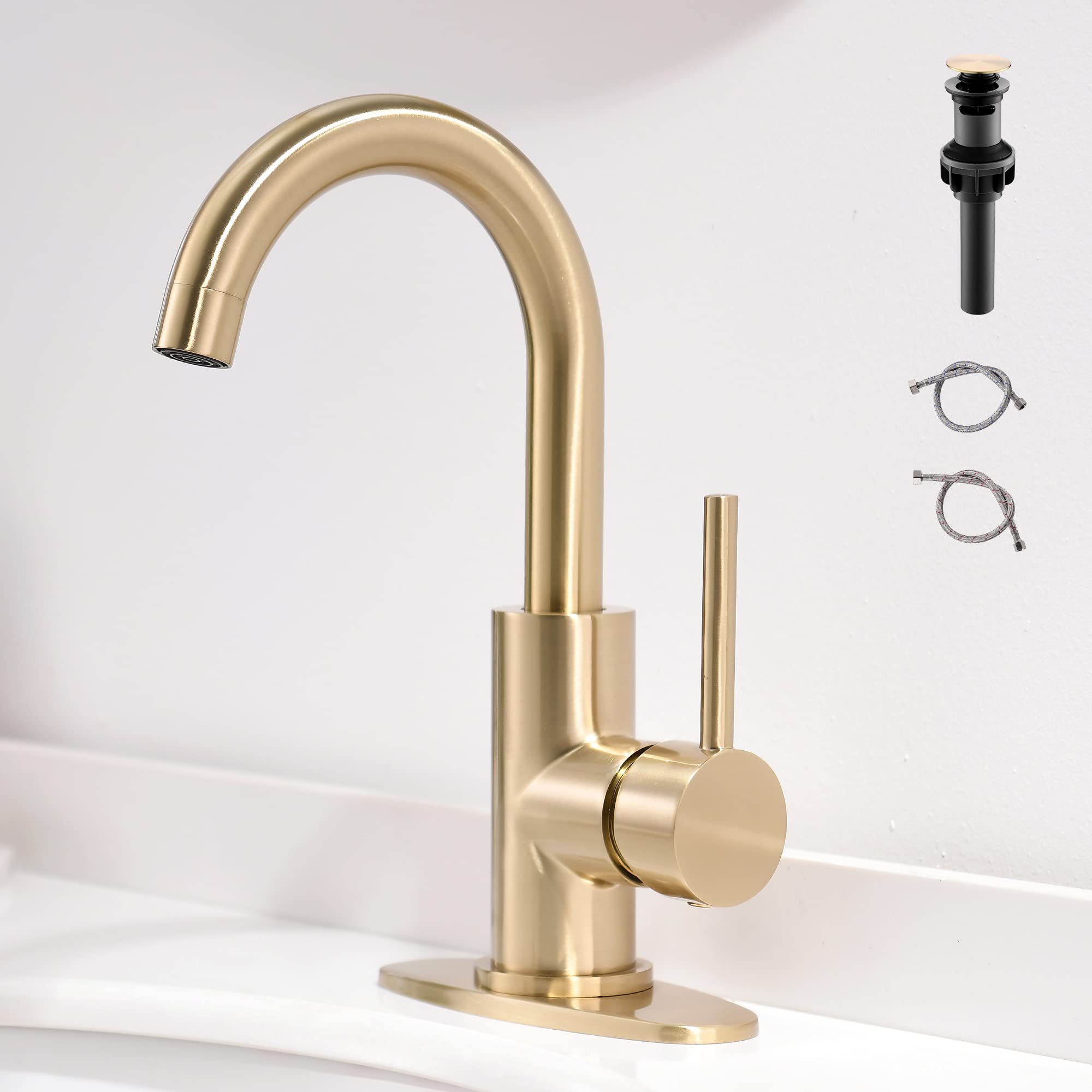 FROPO gold bathroom faucet with deck plate included for a sleek setup.