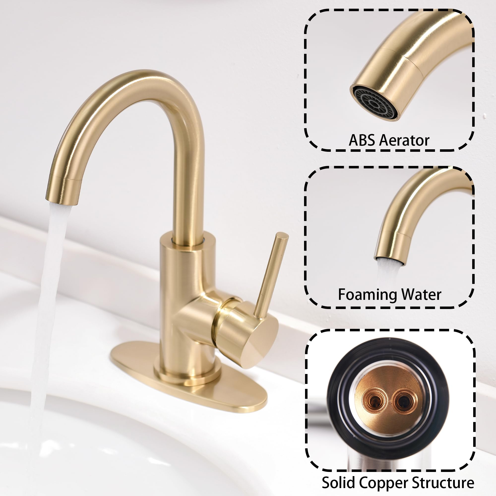 FROPO gold faucet shown with pop-up drain for convenient waste control.