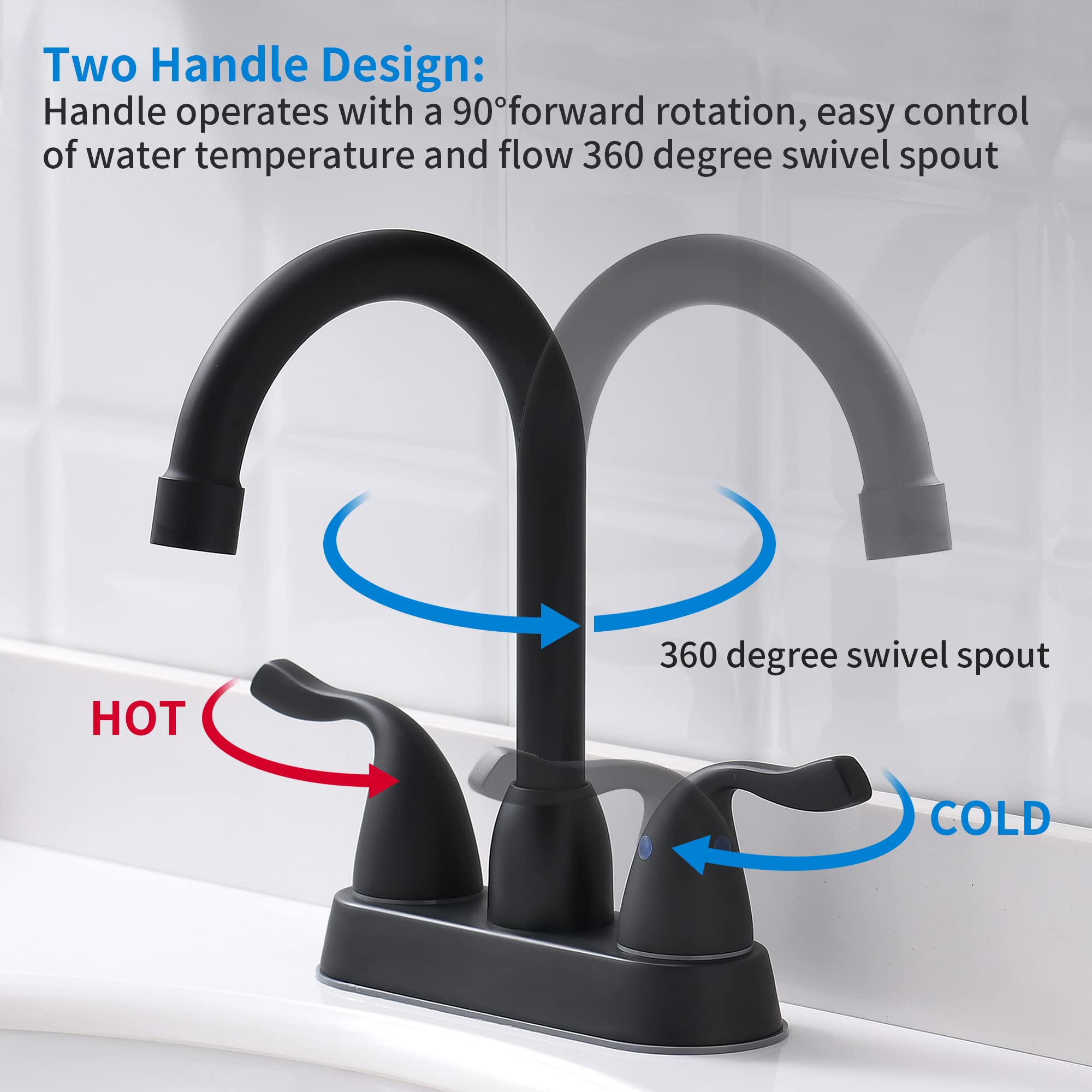 FROPO matte black faucet with 3-hole setup, easy DIY installation example.