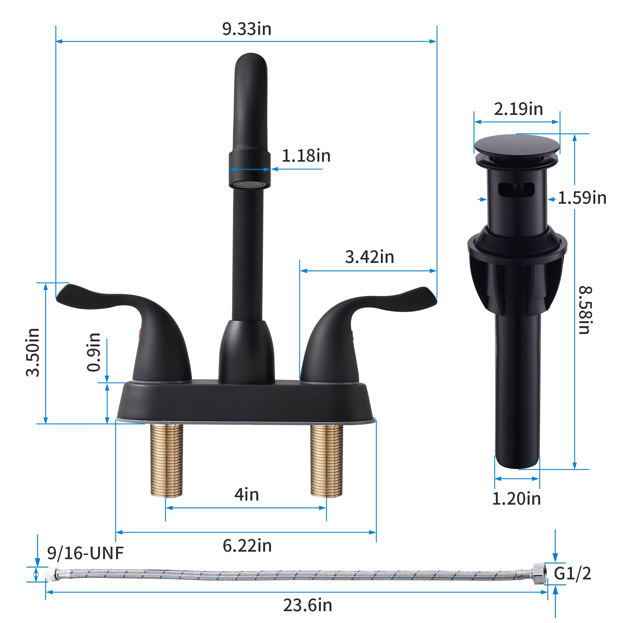 FROPO matte black faucet rotated 360 degrees for full basin access.