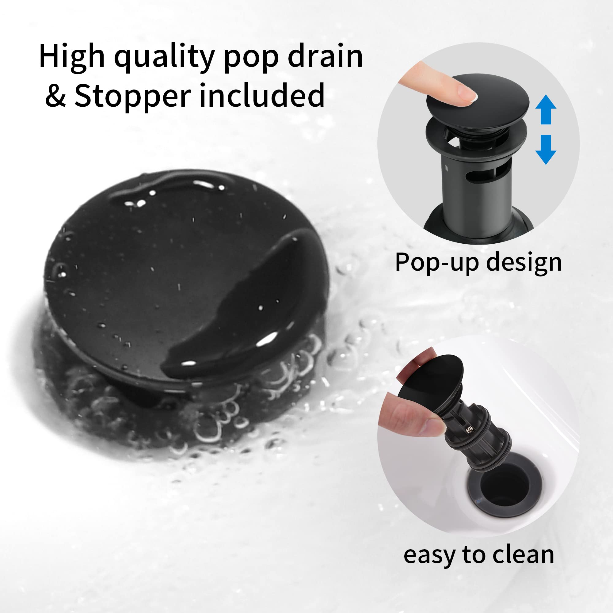 FROPO pop-up drain included with matte black faucet for simple sealing.
