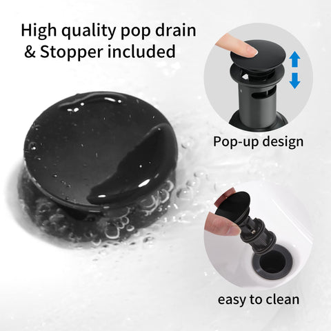 FROPO pop-up drain included with matte black faucet for simple sealing.