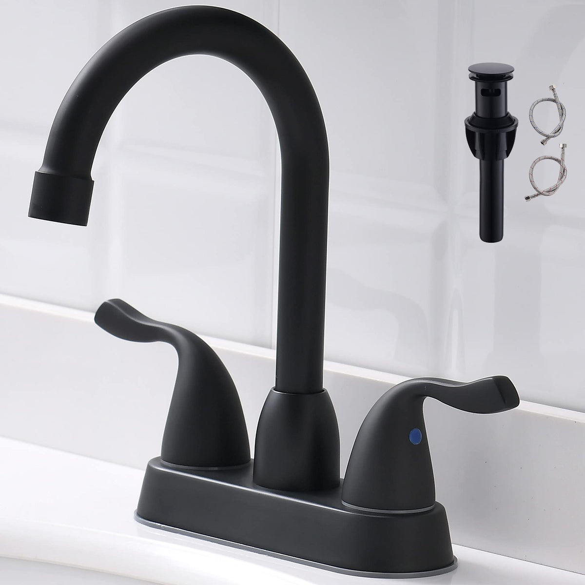 FROPO two-handle matte black bathroom faucet close-up highlighting the modern finish.