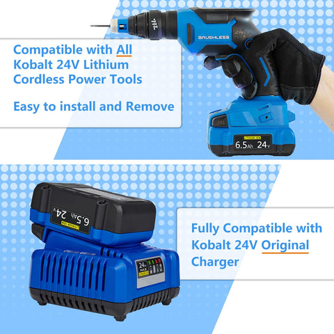 FSKE 6.5Ah replacement battery on charger for Kobalt 24V tools