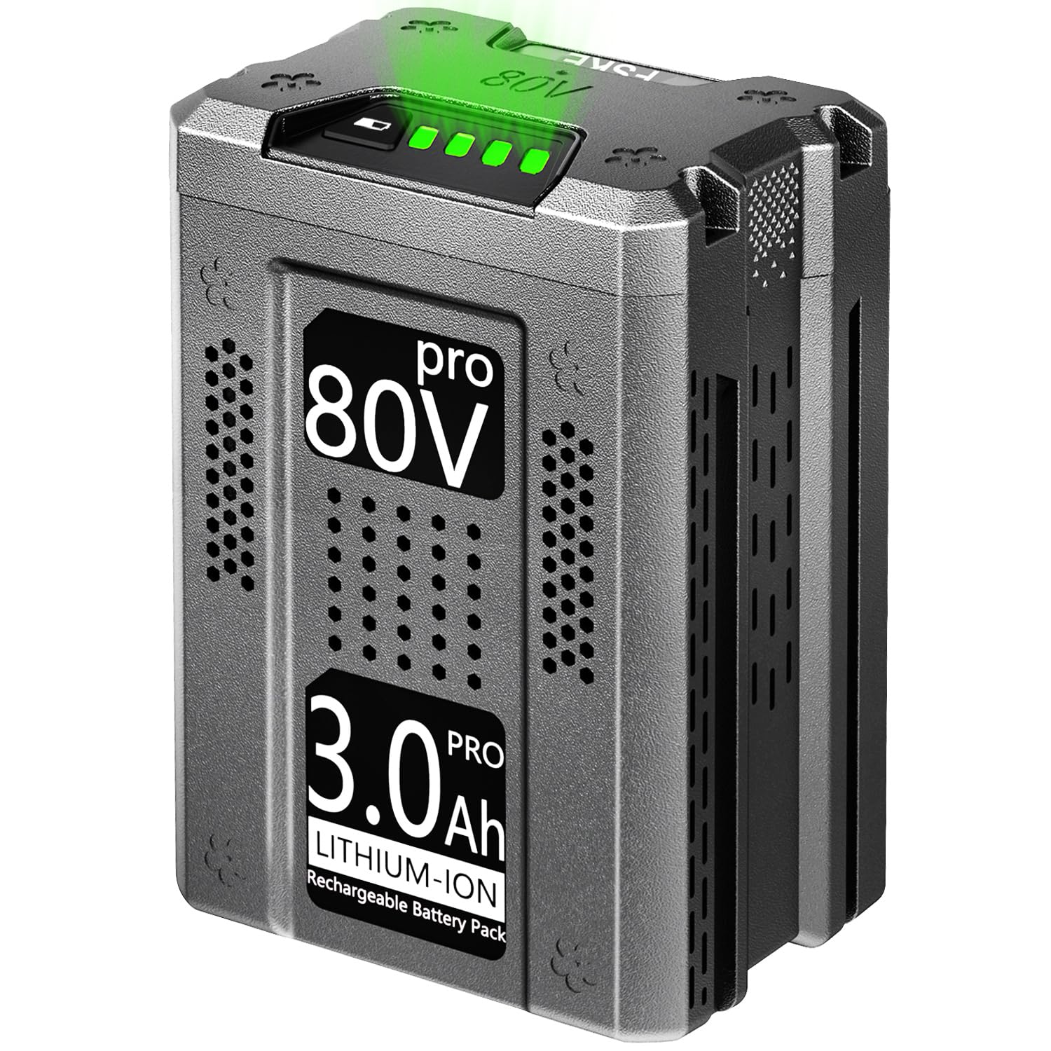 FSKE 80V battery front view showing compact design for easy handling