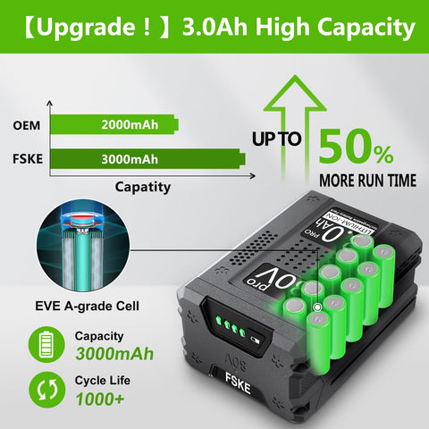 FSKE 80V battery LED indicators displaying remaining power for planning tasks