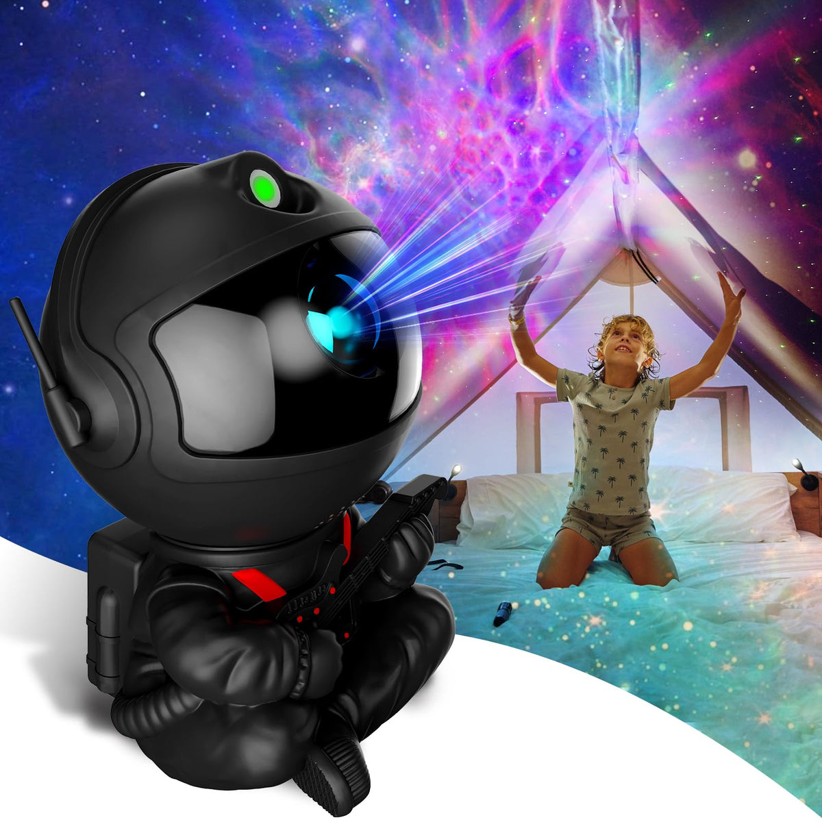 FSSQBFLC Astronaut Galaxy Projector casts nebula patterns on the ceiling for a relaxing ambiance.