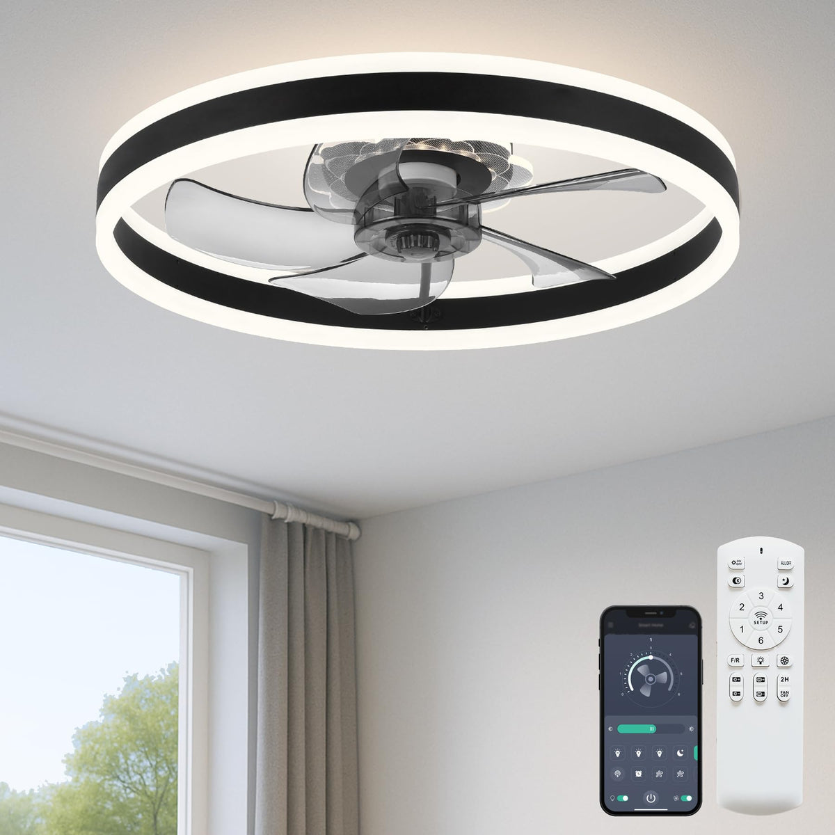 FSZDORJ ceiling fan with light front view shows a sleek compact low-profile design with integrated LED