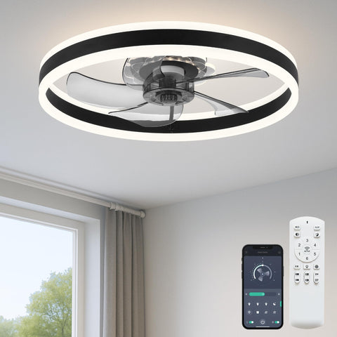 FSZDORJ ceiling fan with light front view shows a sleek compact low-profile design with integrated LED