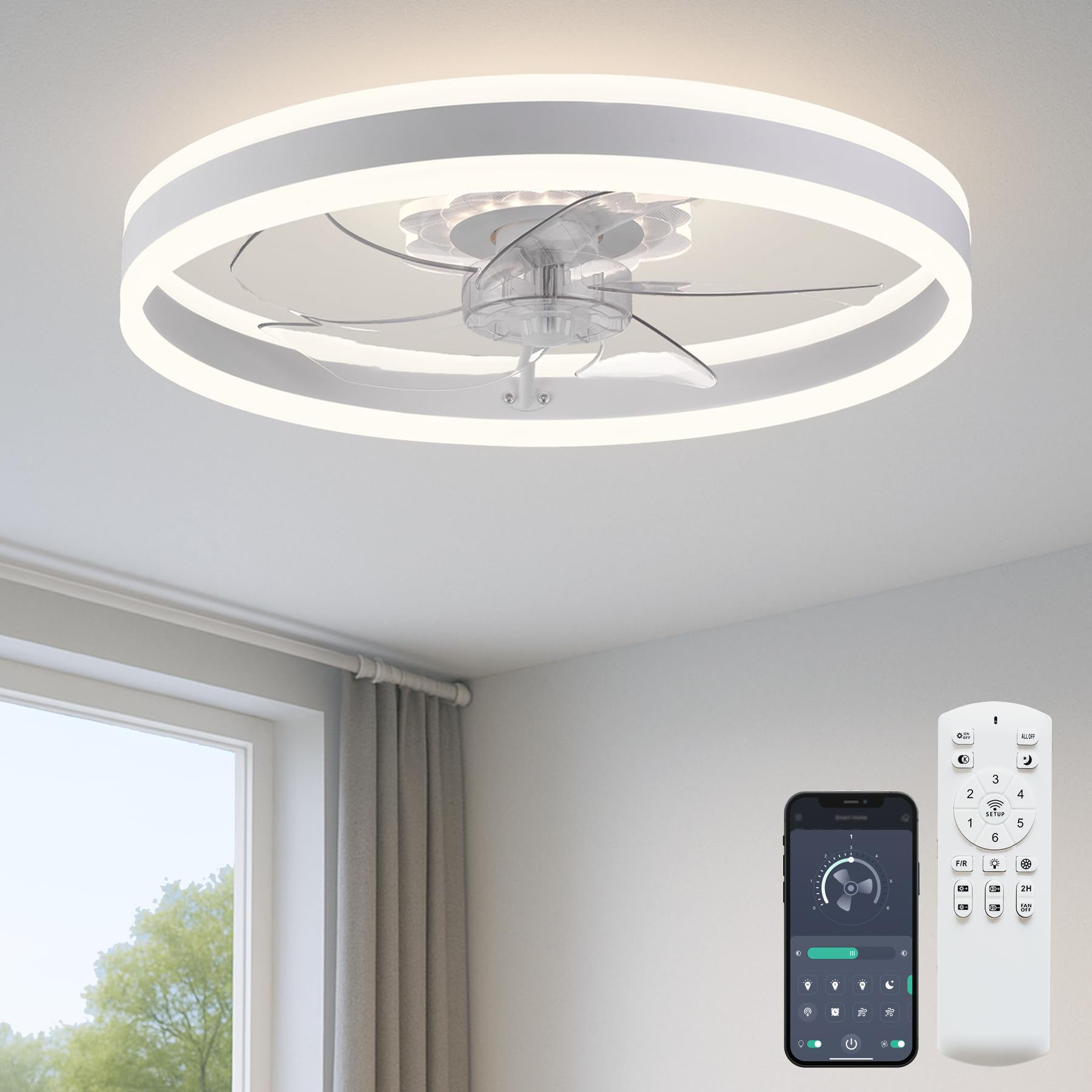 FSZDORJ F105 white ceiling fan angle view for stylish cooling.