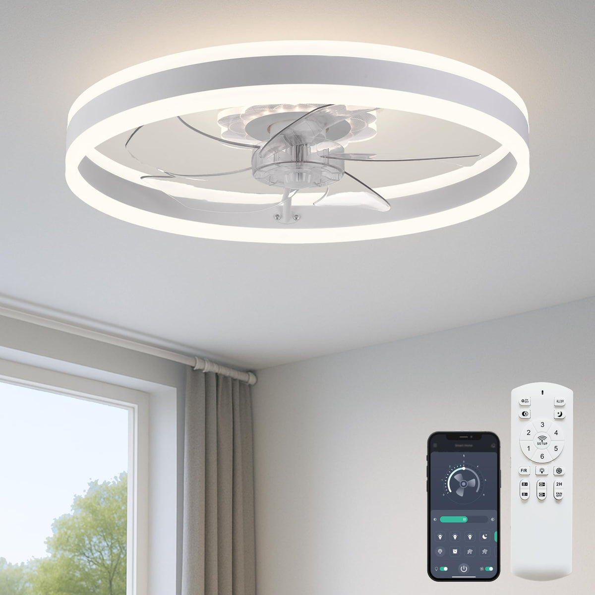 FSZDORJ F105 white ceiling fan angle view for stylish cooling.