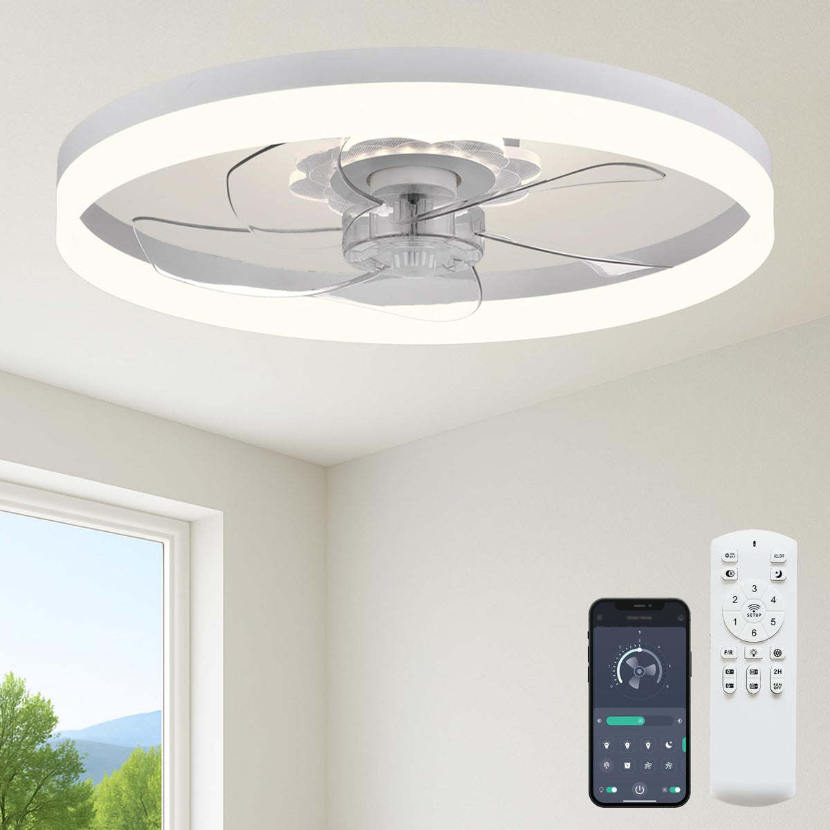 FSZDORJ F115 ceiling fan with light front view for quiet, space-saving cooling.